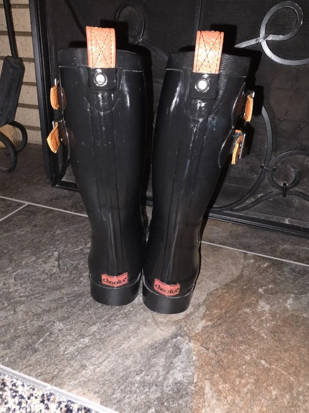 Chooka Rain Boots Mid-Calf Black Double Brown Straps Women's Size 5 Wellies ☔